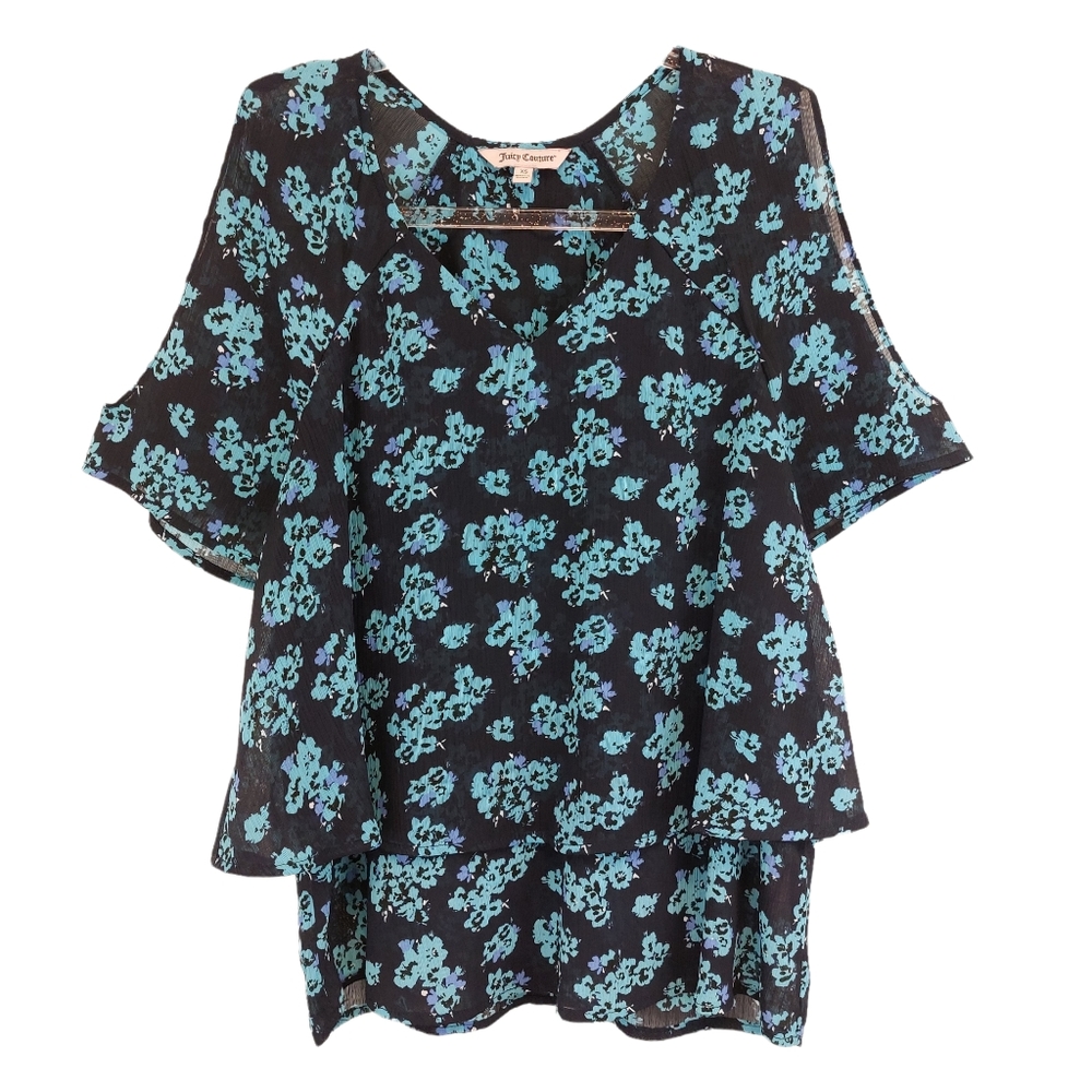 Chiffon Silky Knit Tiered Ruffle Butterfly Floral  Crinckle Blouse